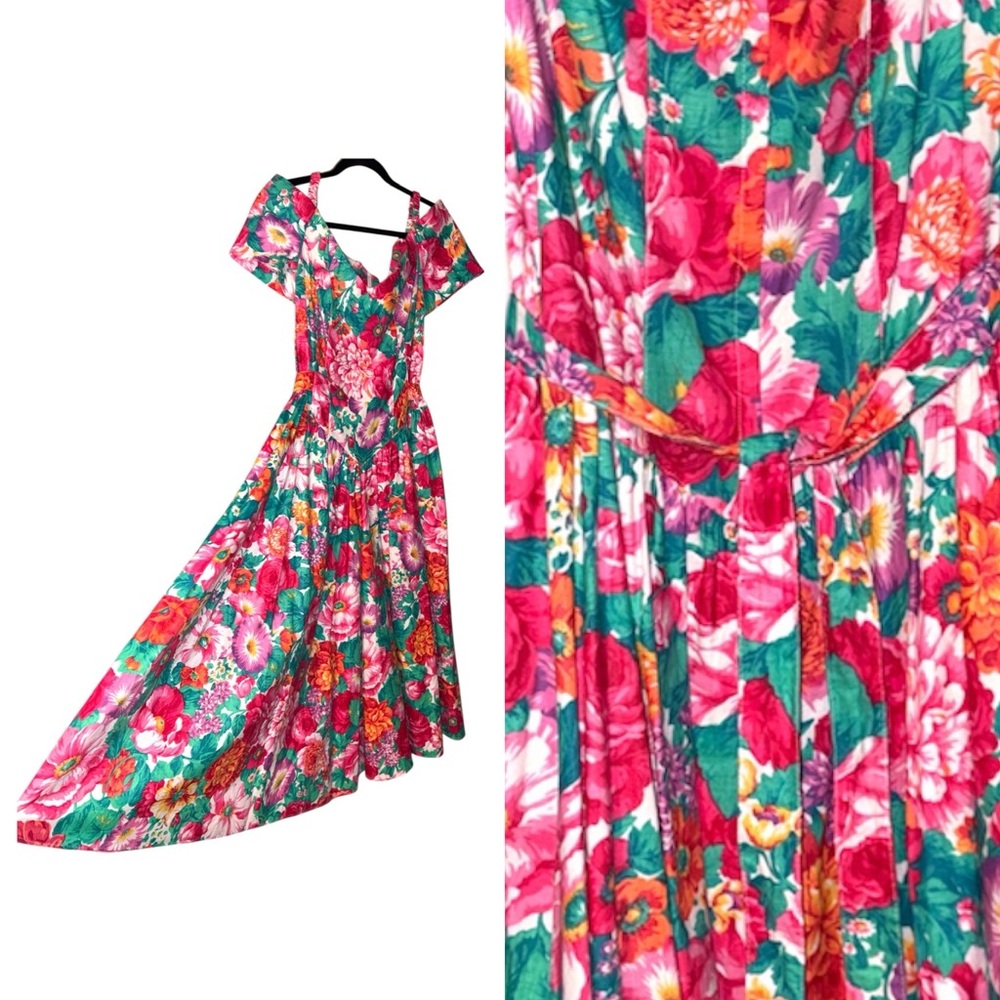 VINTAGE Floral Fit & Flare Off Shoulder Party Dress